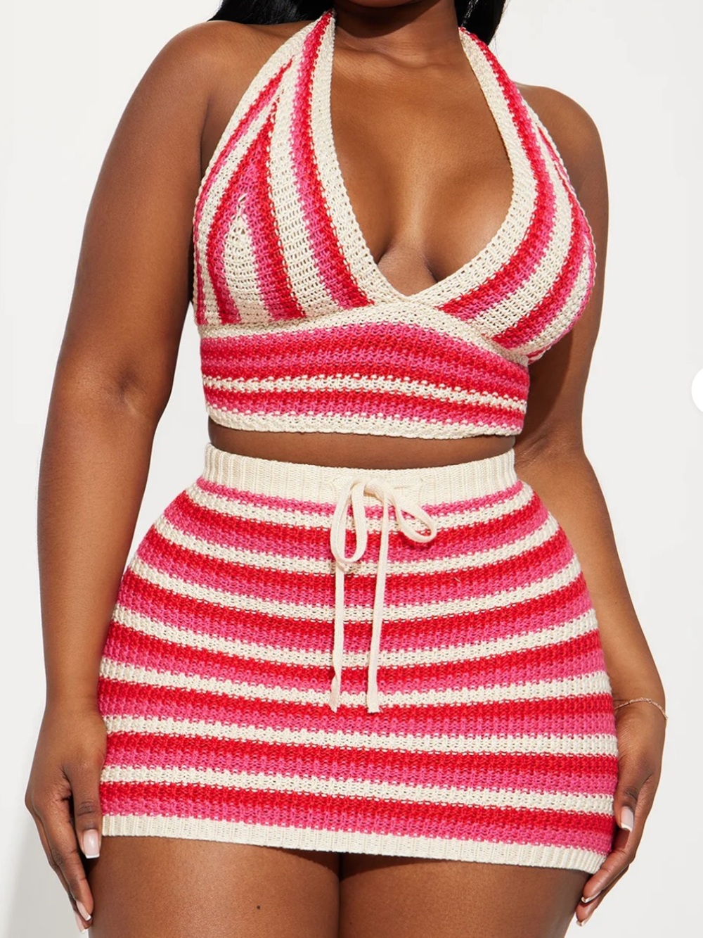 Striped Crochet Halter Top & Mini Skirt Set - Pink/Cream